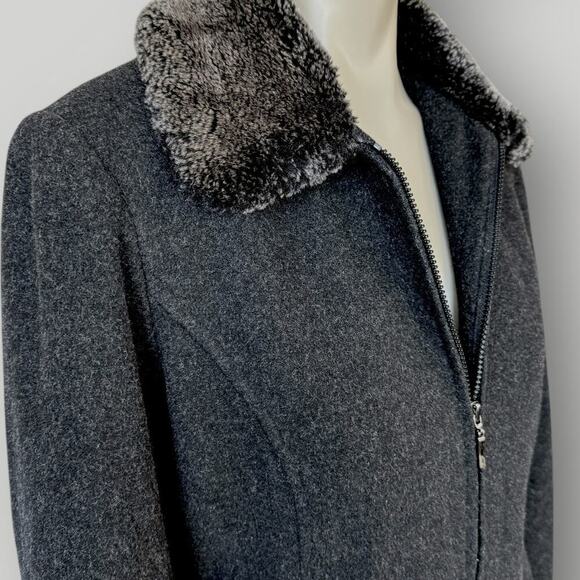 Collection By Gallery Wool Blend Zip Up Peacoat Faux Fur Collar Size L Dark Gray - Picture 7 of 16